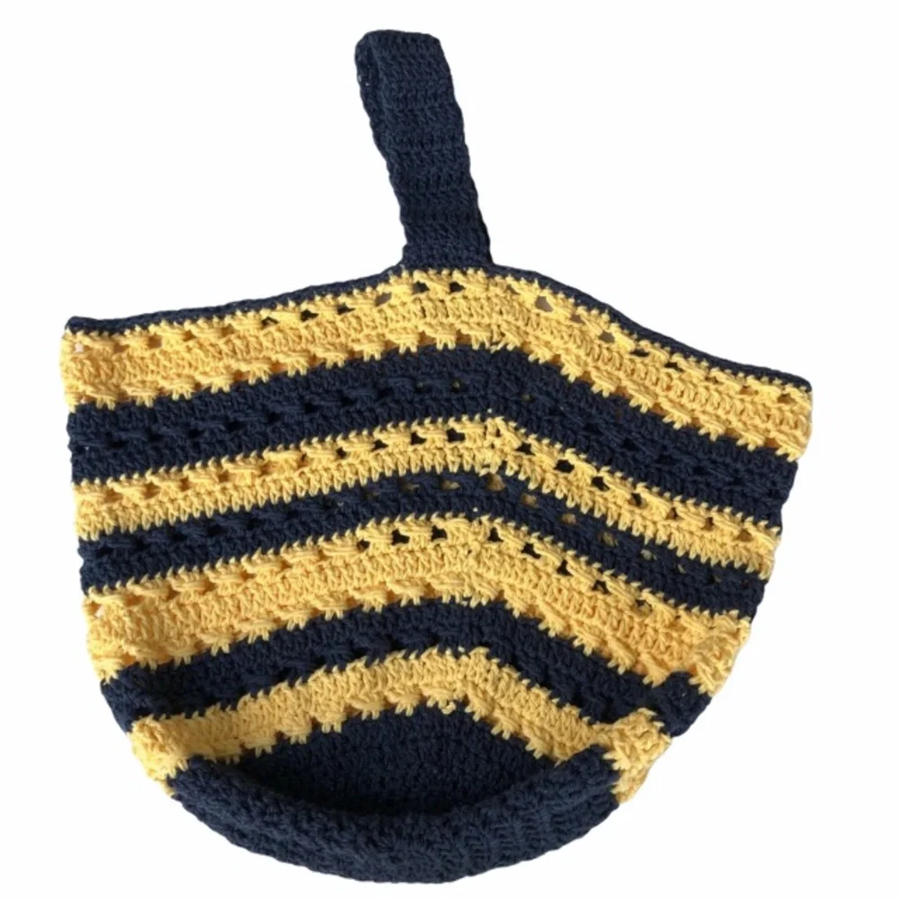 Handmade Crochet Tote Indigo Yellow Stripes
